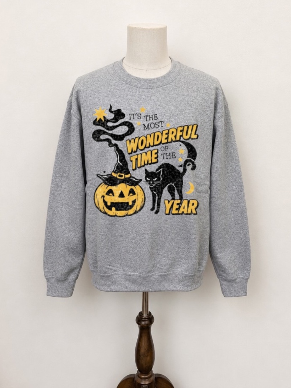 Gildan Gray Crewneck Sweatshirt with Yellow Halloween Graphic